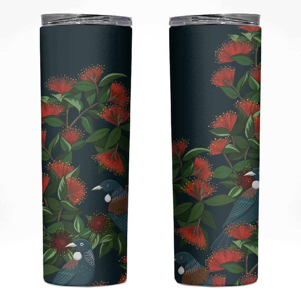 New Zealand Christmas Skinny Tumbler Romantic Tui Birds on Pohutukawa - Cobalt - Aussie Hoodie
