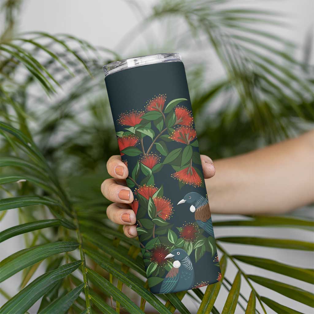 New Zealand Christmas Skinny Tumbler Romantic Tui Birds on Pohutukawa - Cobalt - Aussie Hoodie