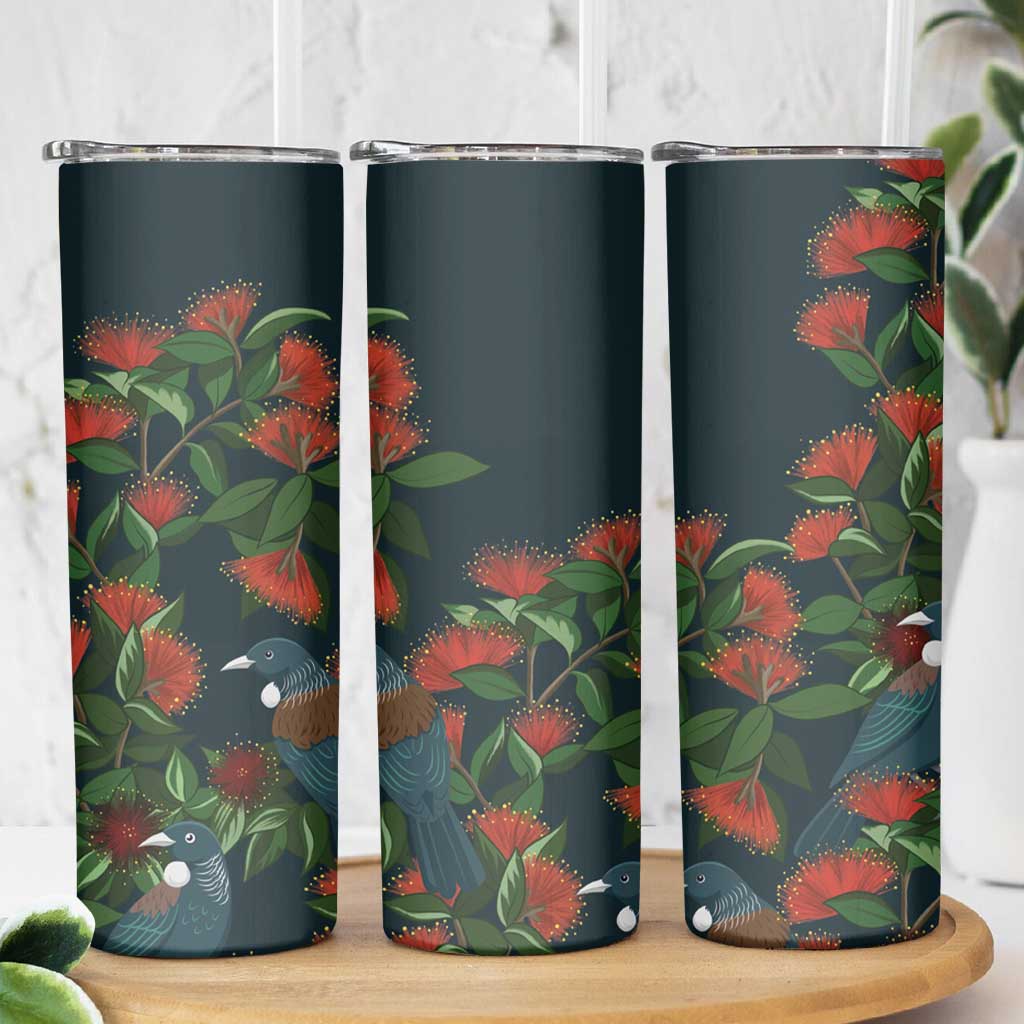 New Zealand Christmas Skinny Tumbler Romantic Tui Birds on Pohutukawa - Cobalt - Aussie Hoodie