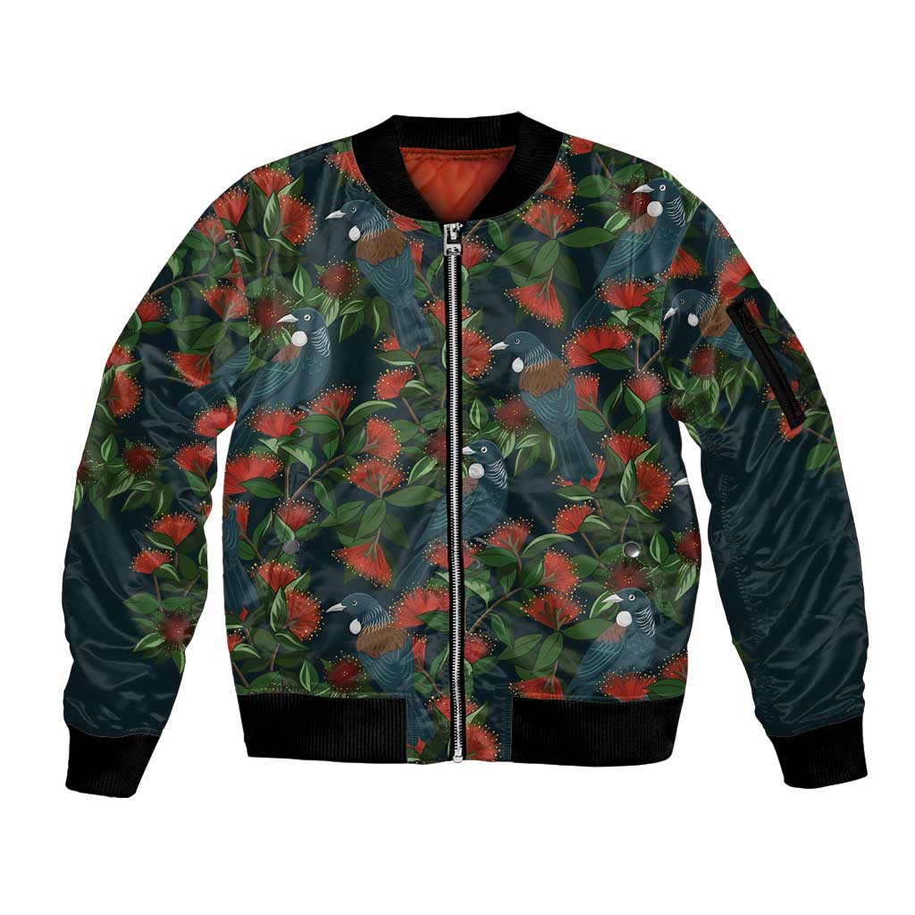 New Zealand Christmas Sleeve Zip Bomber Jacket Romantic Tui Birds on Pohutukawa - Cobalt - Aussie Hoodie