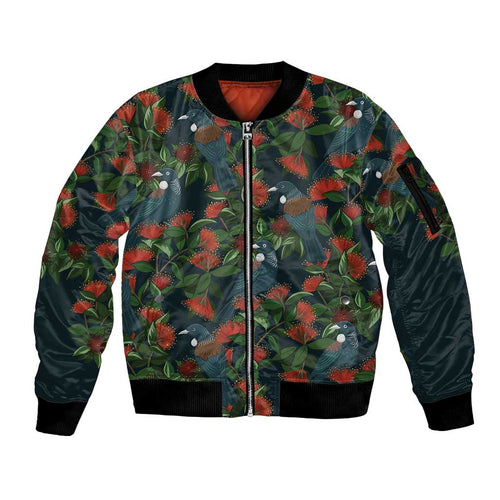 New Zealand Christmas Sleeve Zip Bomber Jacket Romantic Tui Birds on Pohutukawa - Cobalt - Aussie Hoodie