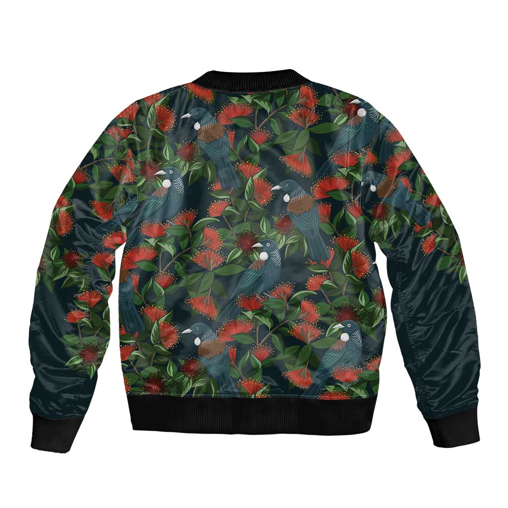 New Zealand Christmas Sleeve Zip Bomber Jacket Romantic Tui Birds on Pohutukawa - Cobalt - Aussie Hoodie