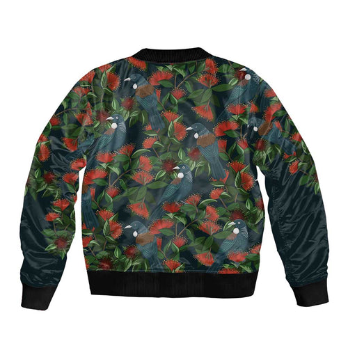 New Zealand Christmas Sleeve Zip Bomber Jacket Romantic Tui Birds on Pohutukawa - Cobalt - Aussie Hoodie