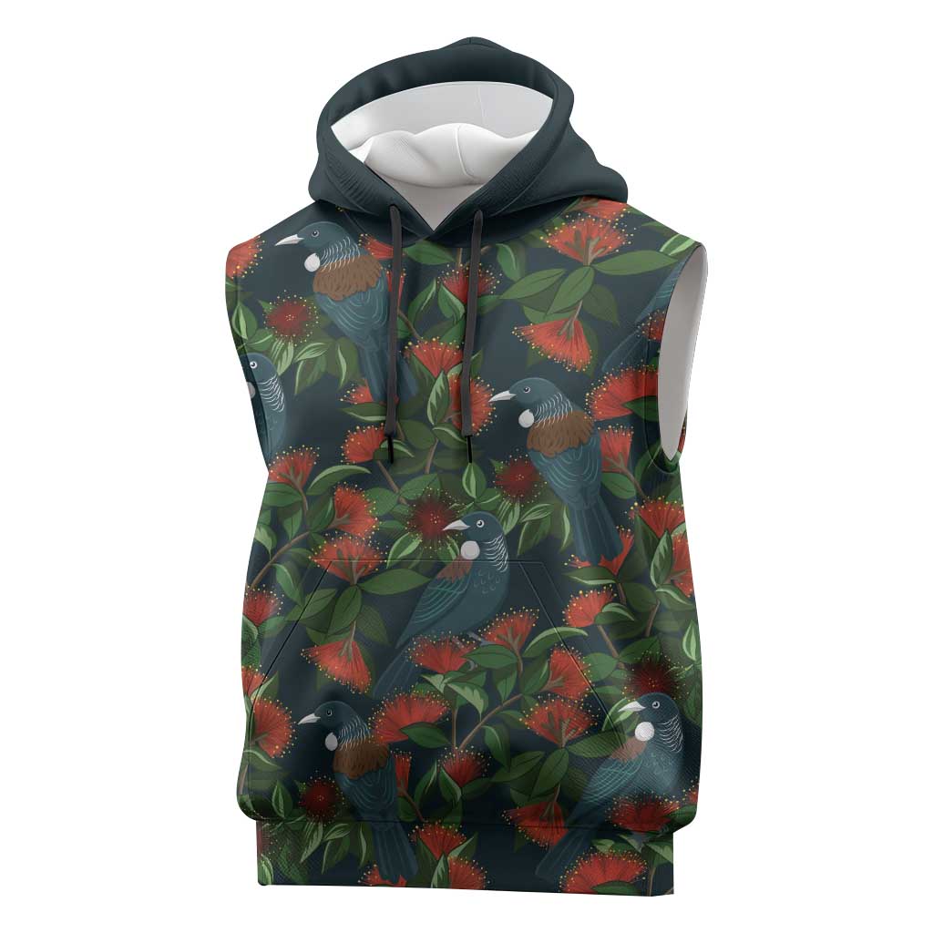 New Zealand Christmas Sleeveless Hoodie Romantic Tui Birds on Pohutukawa - Cobalt - Aussie Hoodie