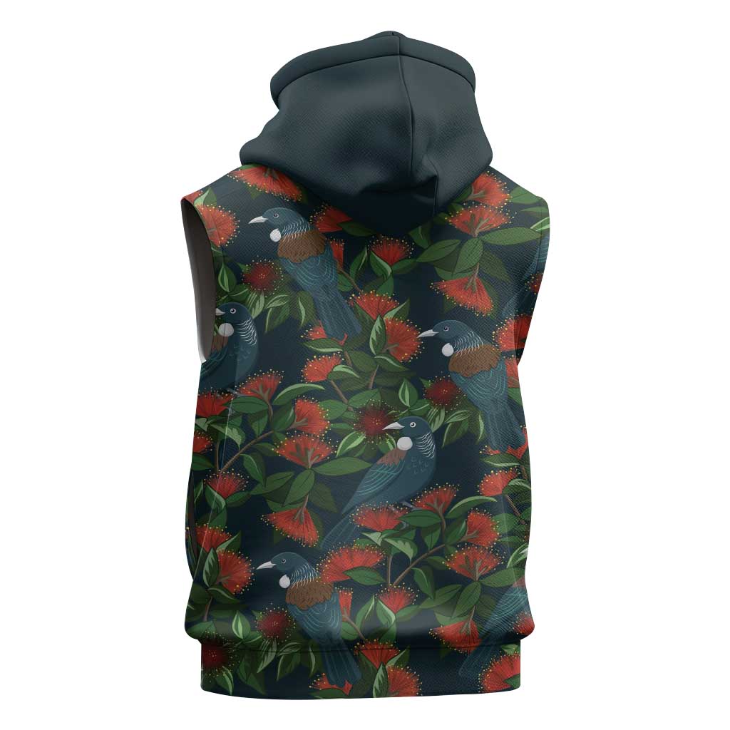 New Zealand Christmas Sleeveless Hoodie Romantic Tui Birds on Pohutukawa - Cobalt - Aussie Hoodie