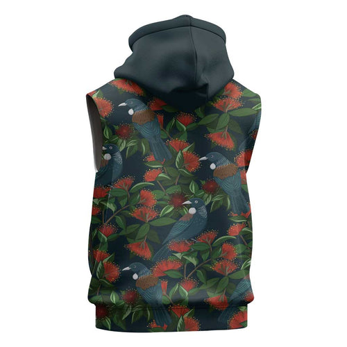 New Zealand Christmas Sleeveless Hoodie Romantic Tui Birds on Pohutukawa - Cobalt - Aussie Hoodie
