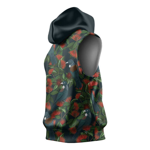 New Zealand Christmas Sleeveless Hoodie Romantic Tui Birds on Pohutukawa - Cobalt - Aussie Hoodie