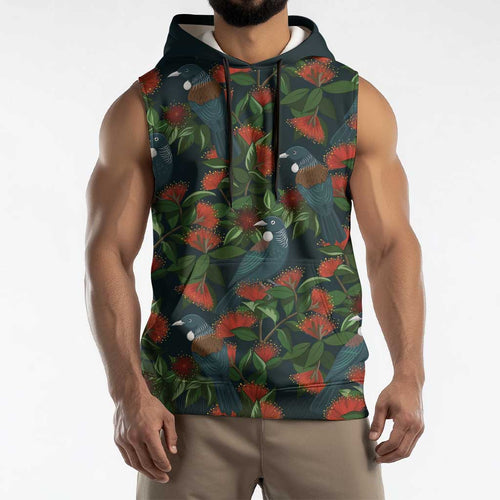 New Zealand Christmas Sleeveless Hoodie Romantic Tui Birds on Pohutukawa - Cobalt - Aussie Hoodie