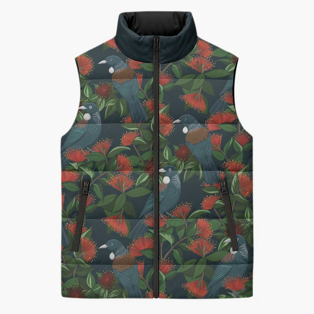 New Zealand Christmas Sleeveless Puffer Jacket Romantic Tui Birds on Pohutukawa - Cobalt - Aussie Hoodie