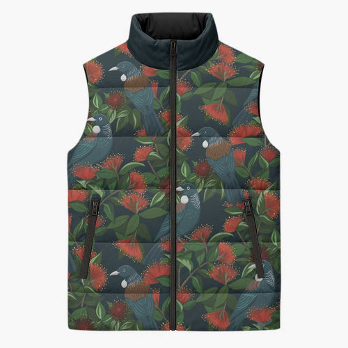 New Zealand Christmas Sleeveless Puffer Jacket Romantic Tui Birds on Pohutukawa - Cobalt - Aussie Hoodie