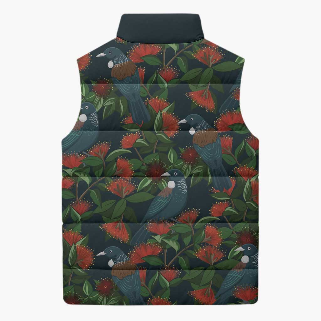 New Zealand Christmas Sleeveless Puffer Jacket Romantic Tui Birds on Pohutukawa - Cobalt - Aussie Hoodie