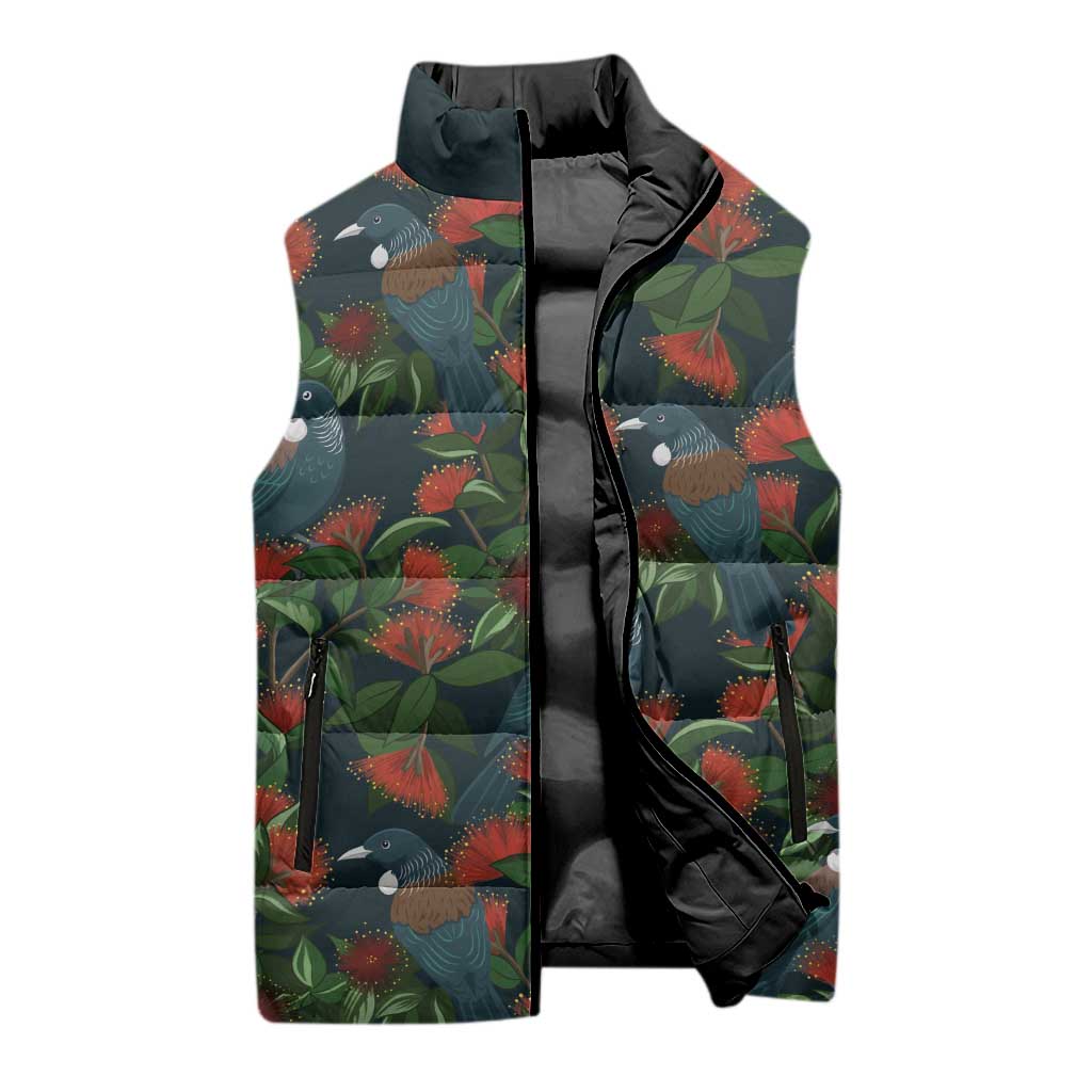 New Zealand Christmas Sleeveless Puffer Jacket Romantic Tui Birds on Pohutukawa - Cobalt - Aussie Hoodie