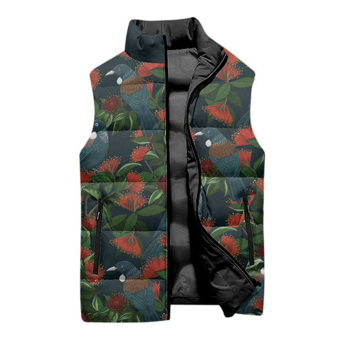 New Zealand Christmas Sleeveless Puffer Jacket Romantic Tui Birds on Pohutukawa - Cobalt - Aussie Hoodie