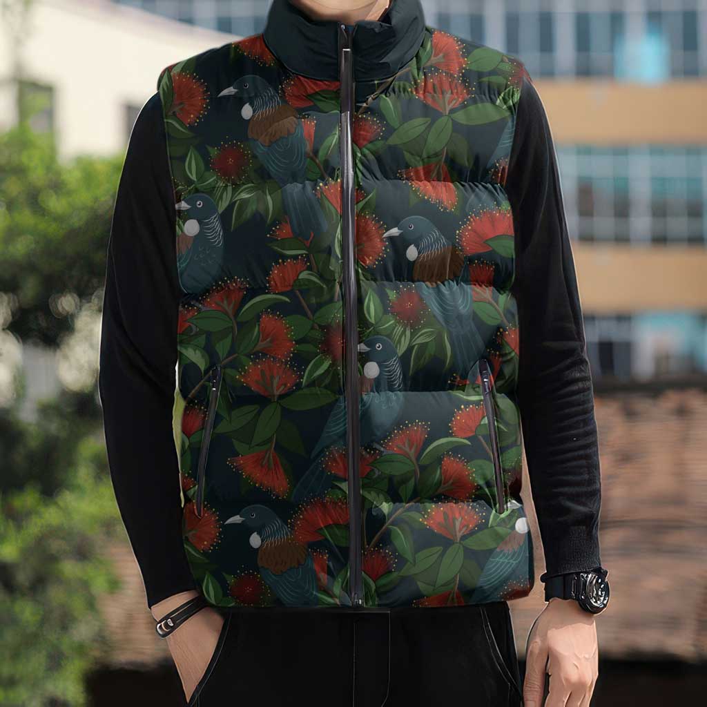 New Zealand Christmas Sleeveless Puffer Jacket Romantic Tui Birds on Pohutukawa - Cobalt - Aussie Hoodie