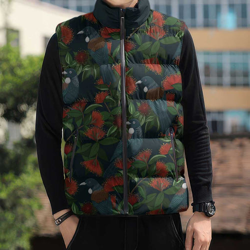 New Zealand Christmas Sleeveless Puffer Jacket Romantic Tui Birds on Pohutukawa - Cobalt - Aussie Hoodie