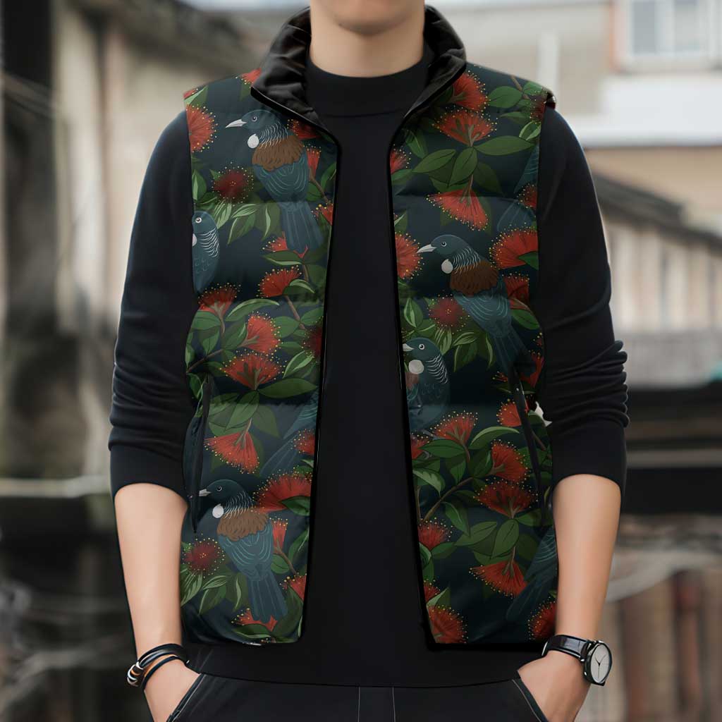 New Zealand Christmas Sleeveless Puffer Jacket Romantic Tui Birds on Pohutukawa - Cobalt - Aussie Hoodie