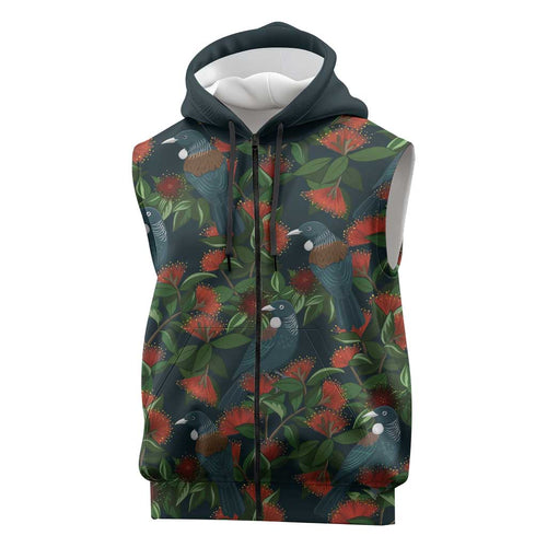 New Zealand Christmas Sleeveless Zip Hoodie Romantic Tui Birds on Pohutukawa - Cobalt LT7