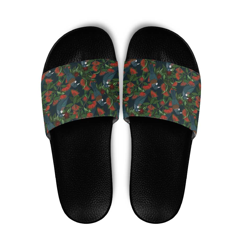 New Zealand Christmas Slide Sandals Romantic Tui Birds on Pohutukawa - Cobalt - Aussie Hoodie