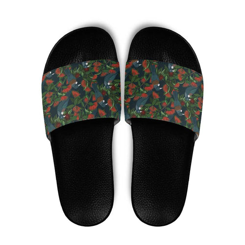 New Zealand Christmas Slide Sandals Romantic Tui Birds on Pohutukawa - Cobalt - Aussie Hoodie