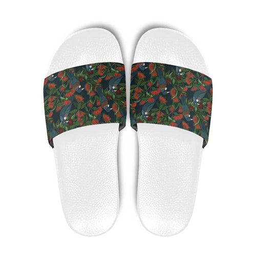New Zealand Christmas Slide Sandals Romantic Tui Birds on Pohutukawa - Cobalt - Aussie Hoodie