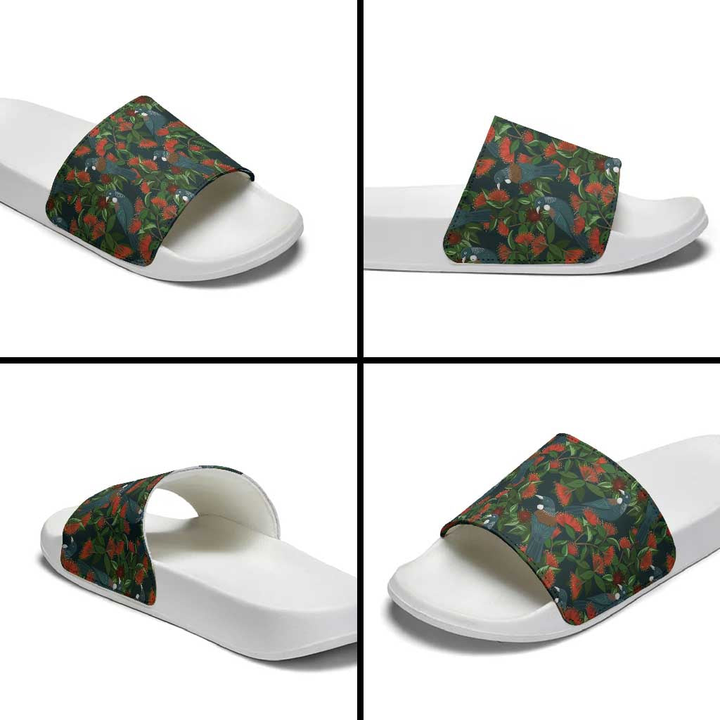 New Zealand Christmas Slide Sandals Romantic Tui Birds on Pohutukawa - Cobalt - Aussie Hoodie