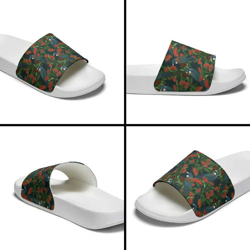 New Zealand Christmas Slide Sandals Romantic Tui Birds on Pohutukawa - Cobalt - Aussie Hoodie