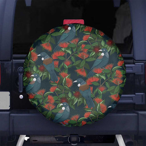 New Zealand Christmas Spare Tire Cover Romantic Tui Birds on Pohutukawa - Cobalt - Aussie Hoodie