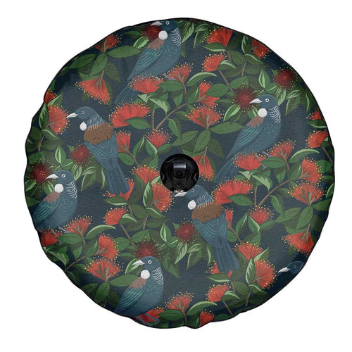 New Zealand Christmas Spare Tire Cover Romantic Tui Birds on Pohutukawa - Cobalt - Aussie Hoodie