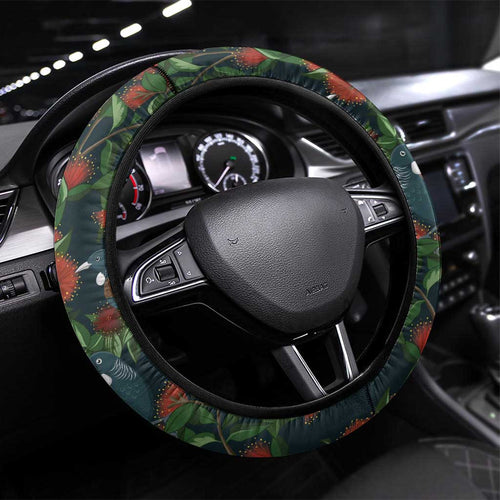 New Zealand Christmas Steering Wheel Cover Romantic Tui Birds on Pohutukawa - Cobalt - Aussie Hoodie