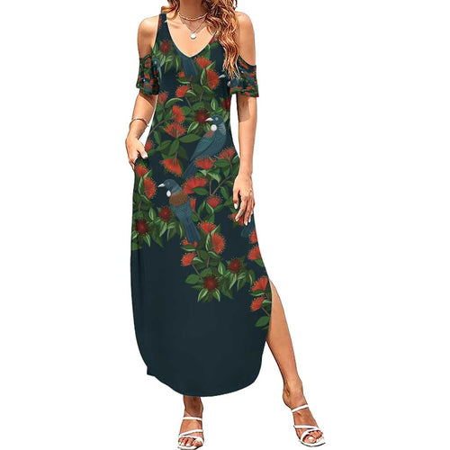 New Zealand Christmas Summer Maxi Dress Romantic Tui Birds on Pohutukawa - Cobalt - Aussie Hoodie