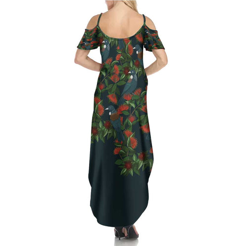 New Zealand Christmas Summer Maxi Dress Romantic Tui Birds on Pohutukawa - Cobalt - Aussie Hoodie