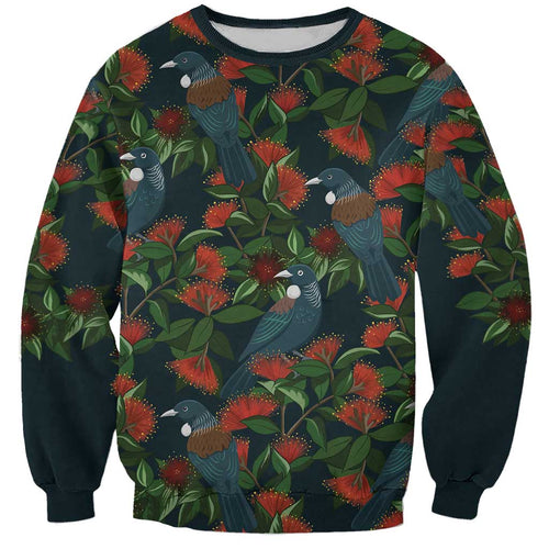New Zealand Christmas Sweatshirt Romantic Tui Birds on Pohutukawa - Cobalt - Aussie Hoodie