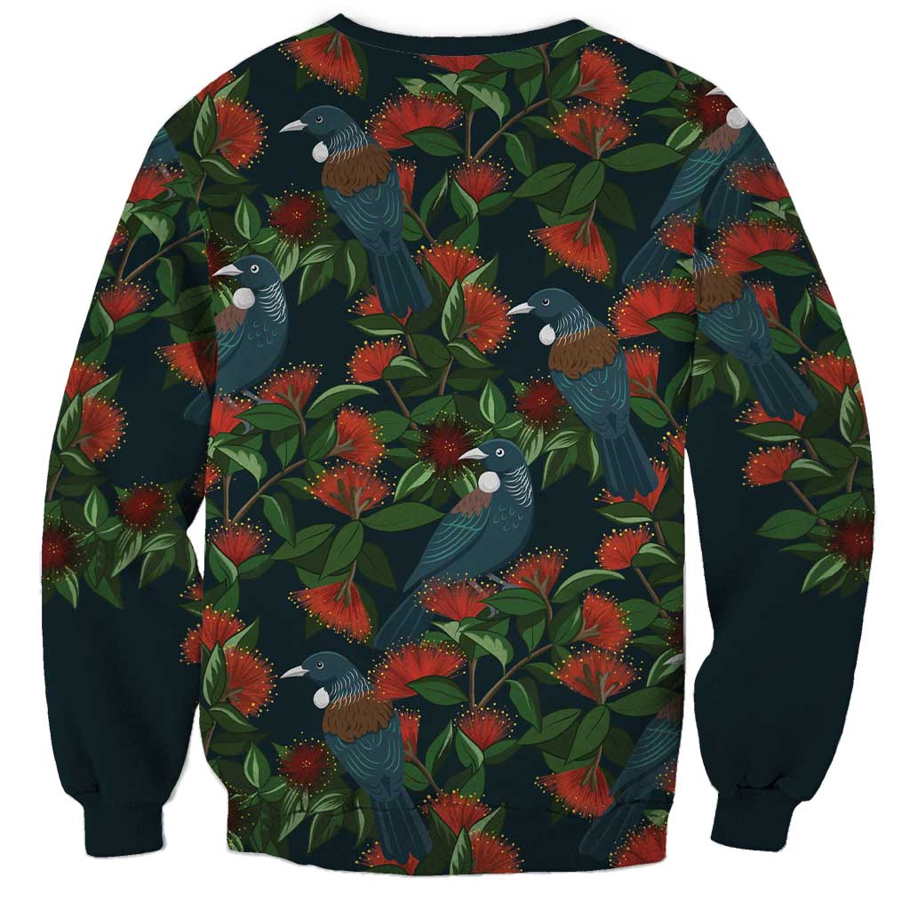 New Zealand Christmas Sweatshirt Romantic Tui Birds on Pohutukawa - Cobalt - Aussie Hoodie