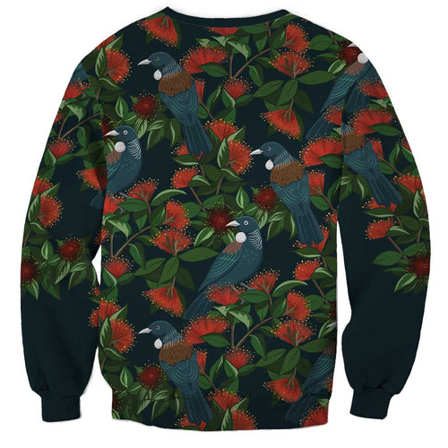 New Zealand Christmas Sweatshirt Romantic Tui Birds on Pohutukawa - Cobalt - Aussie Hoodie