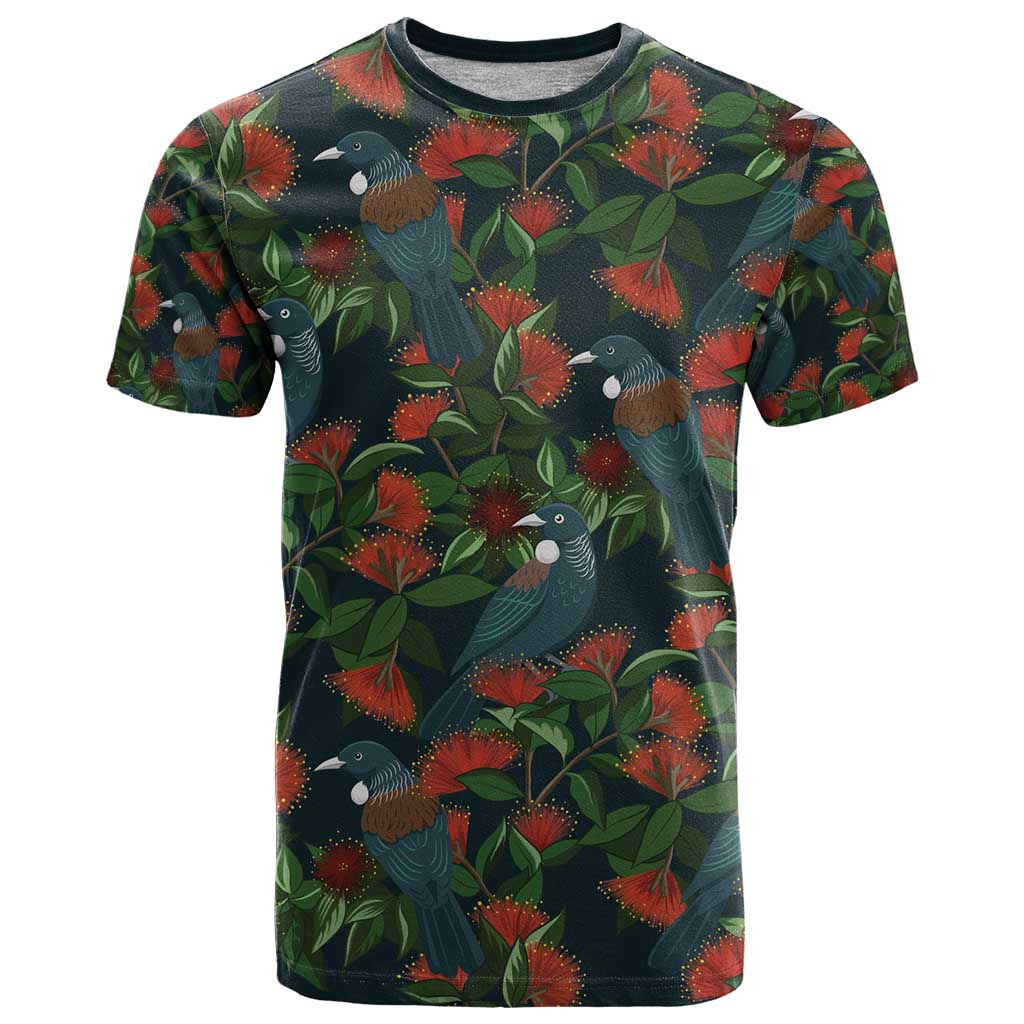 New Zealand Christmas T Shirt Romantic Tui Birds on Pohutukawa - Cobalt - Aussie Hoodie