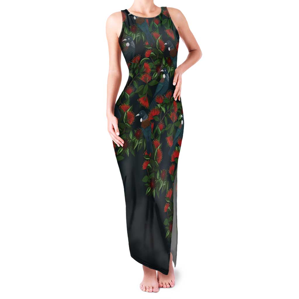 New Zealand Christmas Tank Maxi Dress Romantic Tui Birds on Pohutukawa - Cobalt - Aussie Hoodie