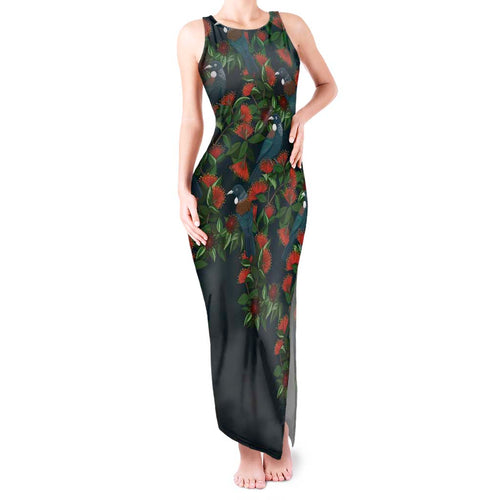 New Zealand Christmas Tank Maxi Dress Romantic Tui Birds on Pohutukawa - Cobalt - Aussie Hoodie
