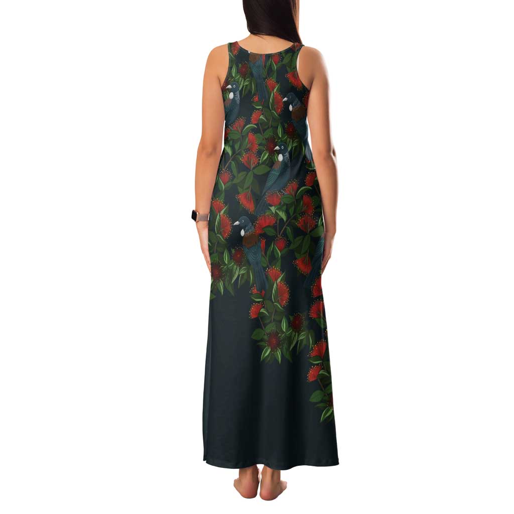 New Zealand Christmas Tank Maxi Dress Romantic Tui Birds on Pohutukawa - Cobalt - Aussie Hoodie
