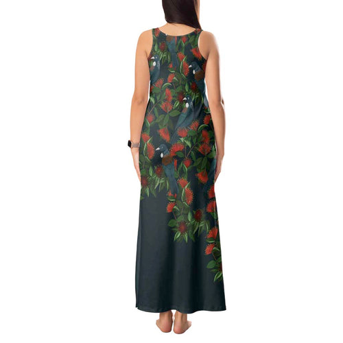 New Zealand Christmas Tank Maxi Dress Romantic Tui Birds on Pohutukawa - Cobalt - Aussie Hoodie