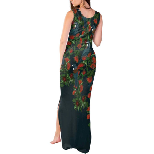 New Zealand Christmas Tank Maxi Dress Romantic Tui Birds on Pohutukawa - Cobalt - Aussie Hoodie