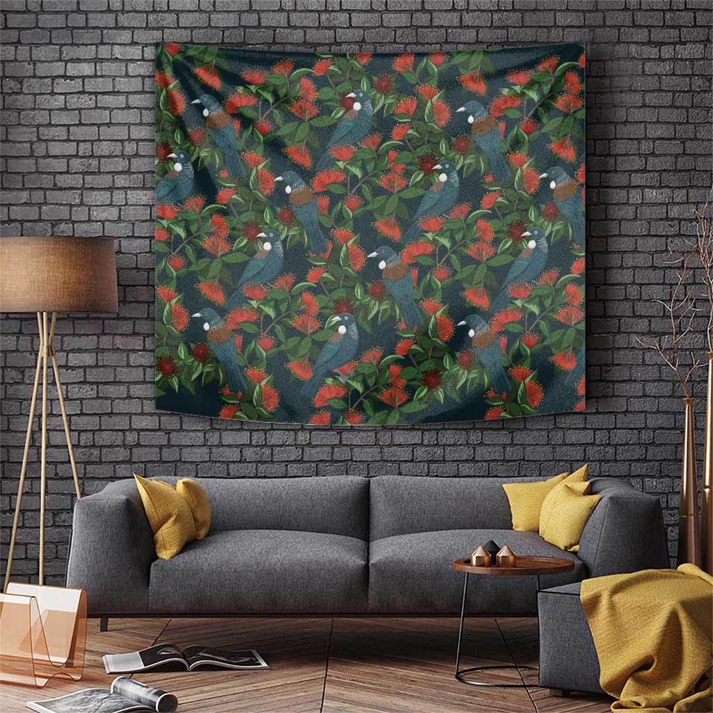 New Zealand Christmas Tapestry Romantic Tui Birds on Pohutukawa - Cobalt - Aussie Hoodie