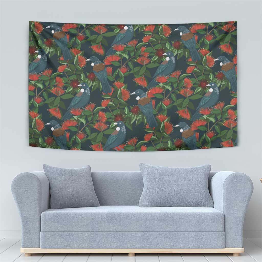New Zealand Christmas Tapestry Romantic Tui Birds on Pohutukawa - Cobalt - Aussie Hoodie