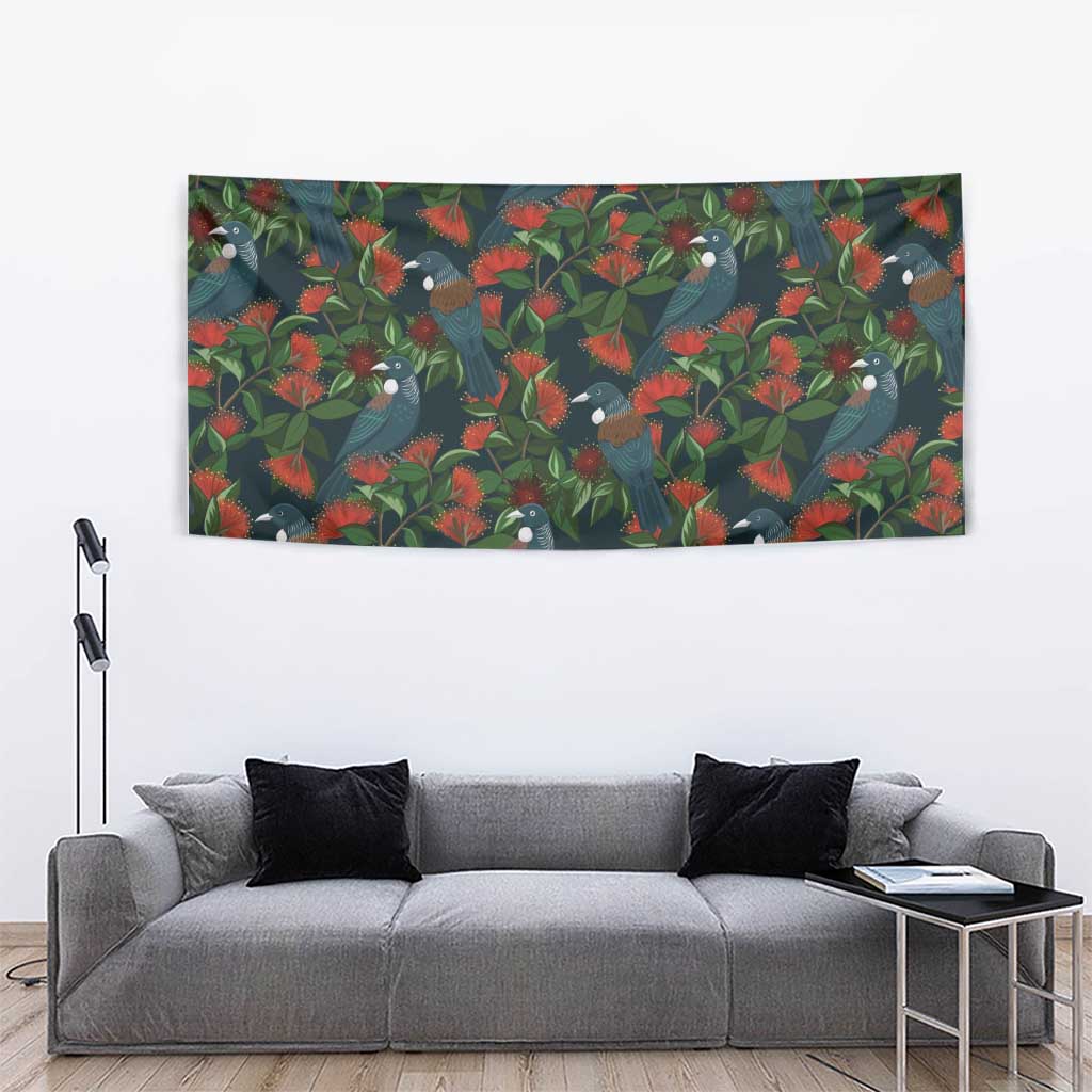 New Zealand Christmas Tapestry Romantic Tui Birds on Pohutukawa - Cobalt - Aussie Hoodie
