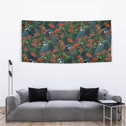 New Zealand Christmas Tapestry Romantic Tui Birds on Pohutukawa - Cobalt - Aussie Hoodie