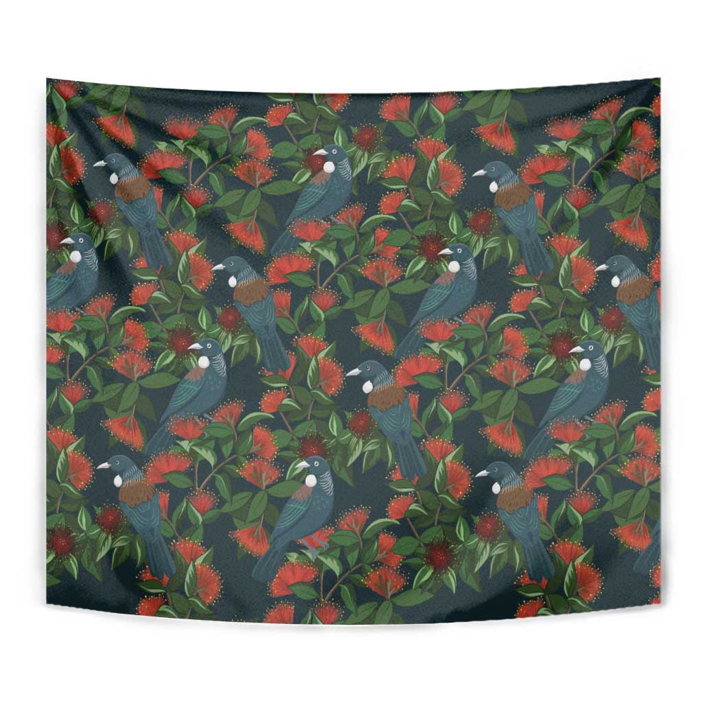New Zealand Christmas Tapestry Romantic Tui Birds on Pohutukawa - Cobalt - Aussie Hoodie