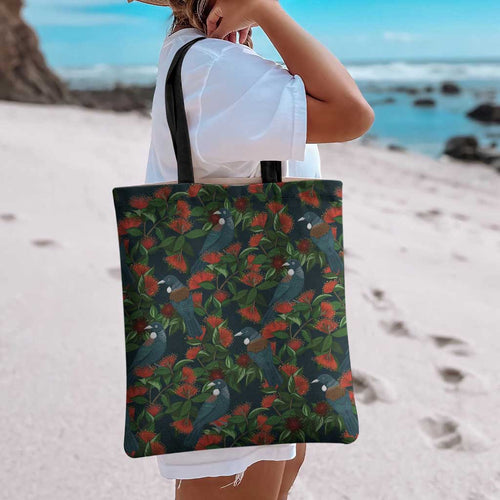 New Zealand Christmas Tote Bag Romantic Tui Birds on Pohutukawa - Cobalt - Aussie Hoodie