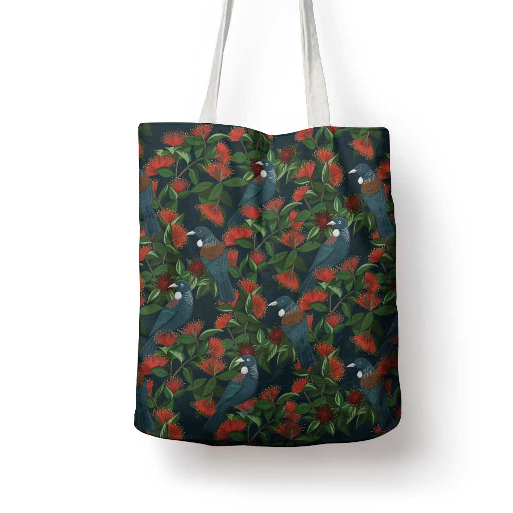 New Zealand Christmas Tote Bag Romantic Tui Birds on Pohutukawa - Cobalt - Aussie Hoodie
