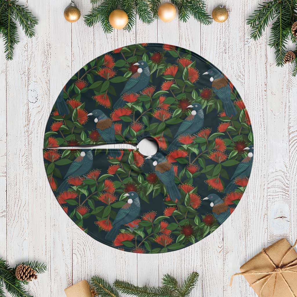 New Zealand Christmas Tree Skirt Romantic Tui Birds on Pohutukawa - Cobalt - Aussie Hoodie