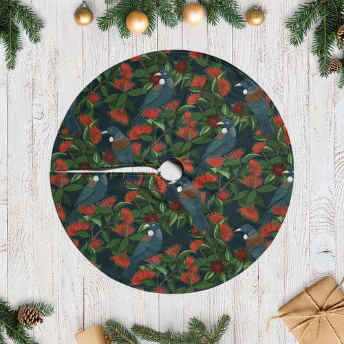 New Zealand Christmas Tree Skirt Romantic Tui Birds on Pohutukawa - Cobalt - Aussie Hoodie