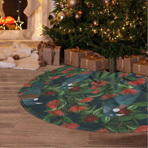 New Zealand Christmas Tree Skirt Romantic Tui Birds on Pohutukawa - Cobalt - Aussie Hoodie